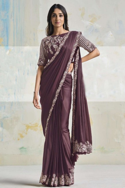 Embroidered Party Wear Saree in Wine Silk crepe