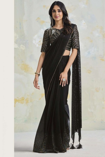 Stone,embroidered Silk crepe Party Wear Saree in Black