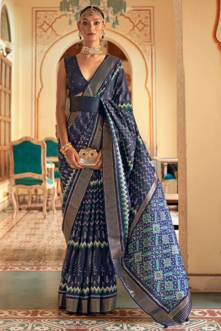 Blue Printed,weaving Saree in Patola silk