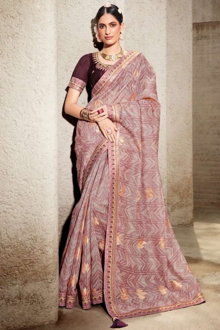 Silk Pink Saree in Resham,zari,embroidered,printed