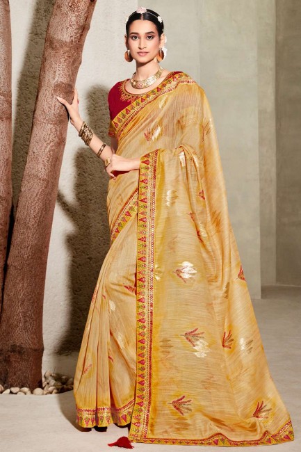 Yellow Saree in Resham,zari,printed Silk