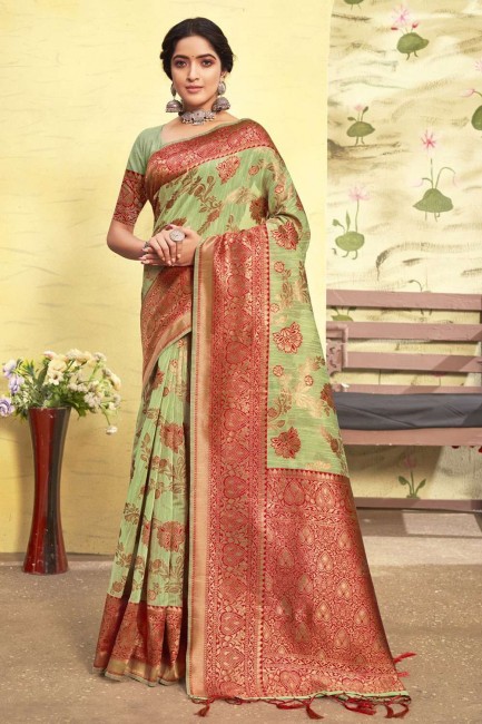Green Cotton Saree with Weaving