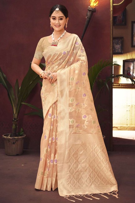 Saree in Silk Peach with Weaving
