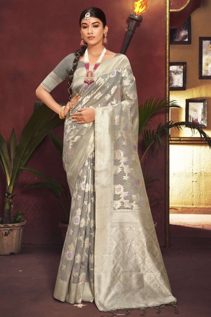 Saree Grey with Weaving Silk