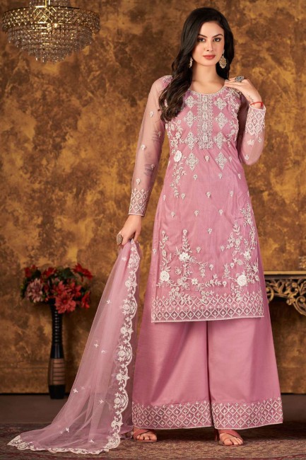 Net Pink Palazzo Suit in Embroidered