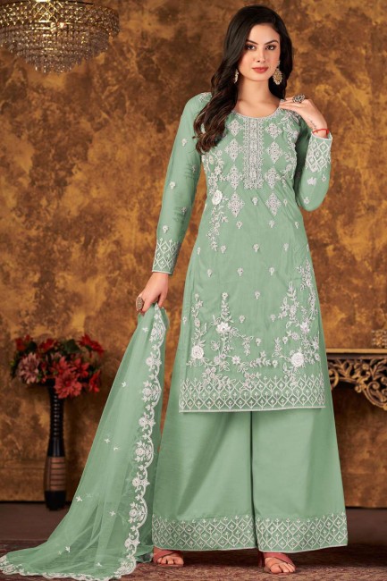 Green Net Embroidered Palazzo Suit with Dupatta