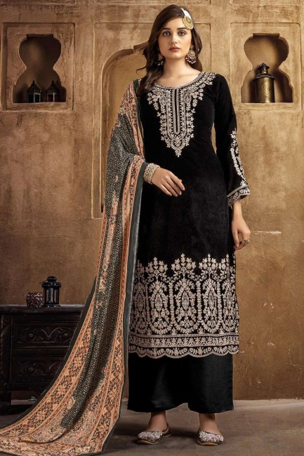 Black Palazzo Suit in Velvet with Digital print