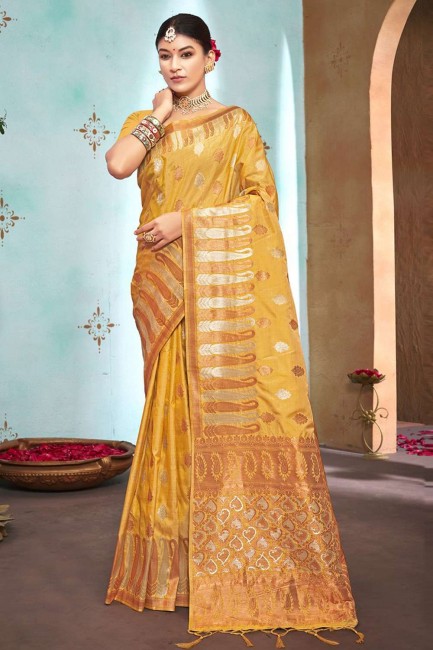 Silk Yellow Saree in Weaving