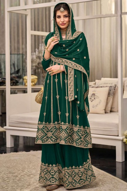 Green Georgette Sharara Suit in Embroidered