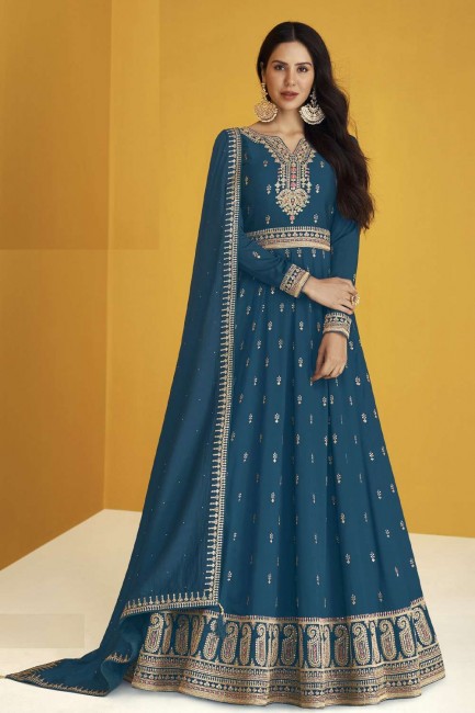 Blue Anarkali Suit with Embroidered Faux georgette