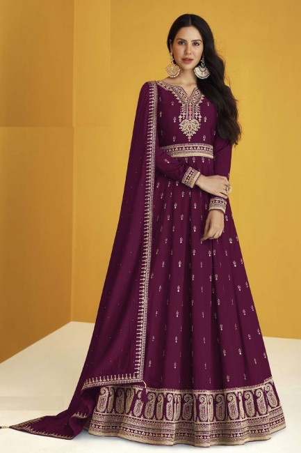 Embroidered Faux georgette Anarkali Suit in Purple with Dupatta