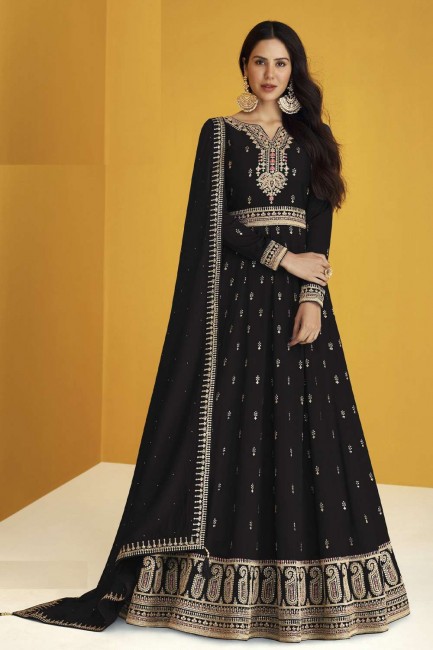 Faux georgette Anarkali Suit with Embroidered in Black