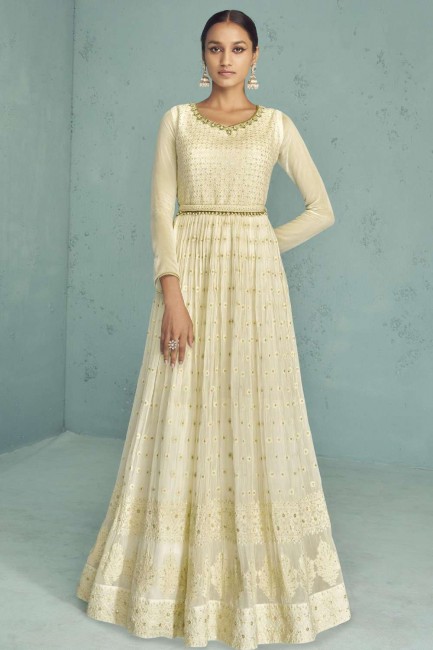 Off white Lehenga Suit in Embroidered Georgette