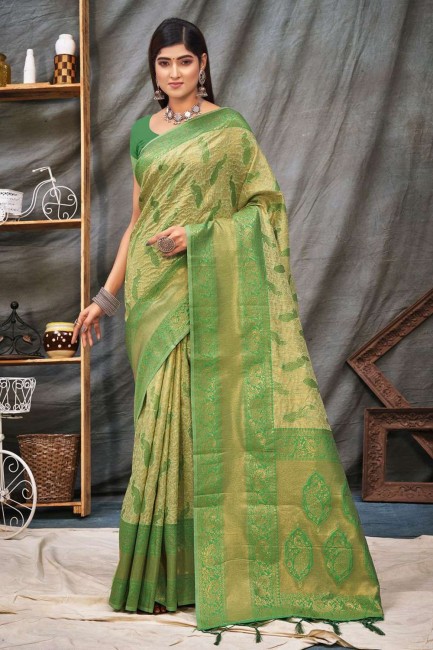 Organza Saree in Green with Weaving