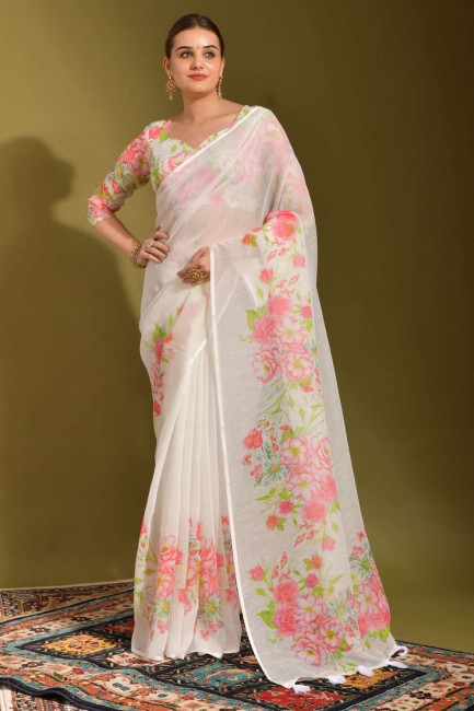 Linen Saree in White with Printed