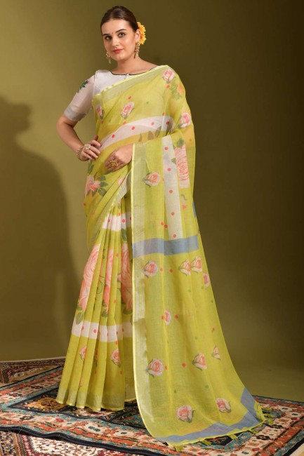Printed Linen Mustard  Saree with Blouse