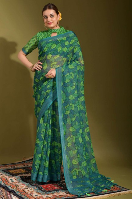 Green Linen Saree with Printed