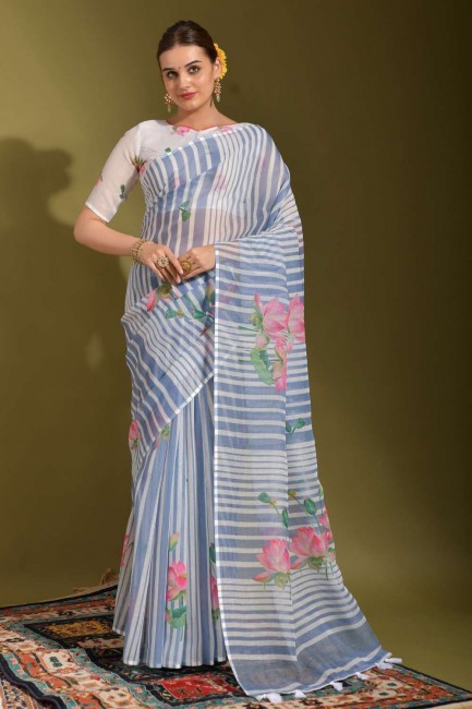 Printed Saree in Sky blue Linen