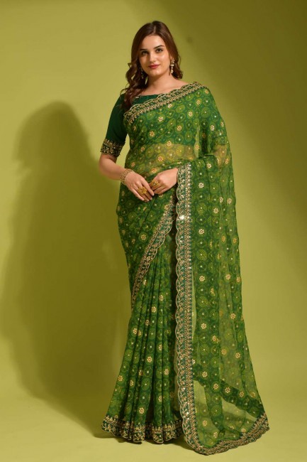 Embroidered,printed Georgette Saree in Green with Blouse