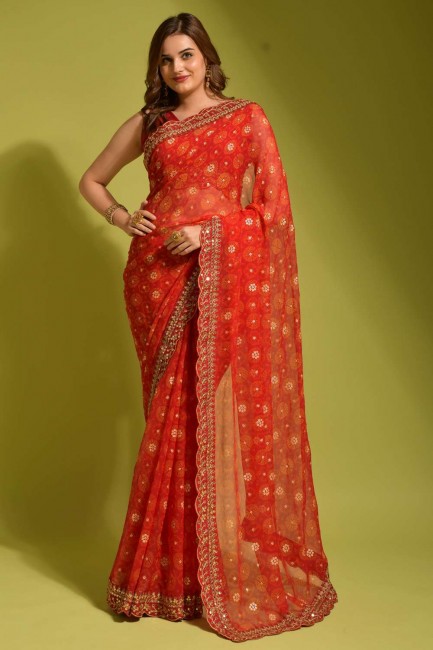 Georgette Embroidered,printed Red Saree with Blouse