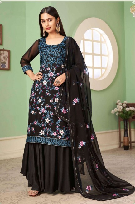 Embroidered Georgette Pakistani Suit in Black with Dupatta