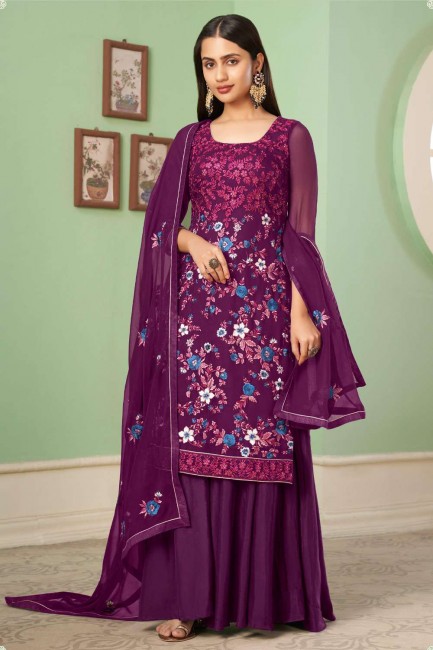Georgette Purple Pakistani Suit in Embroidered