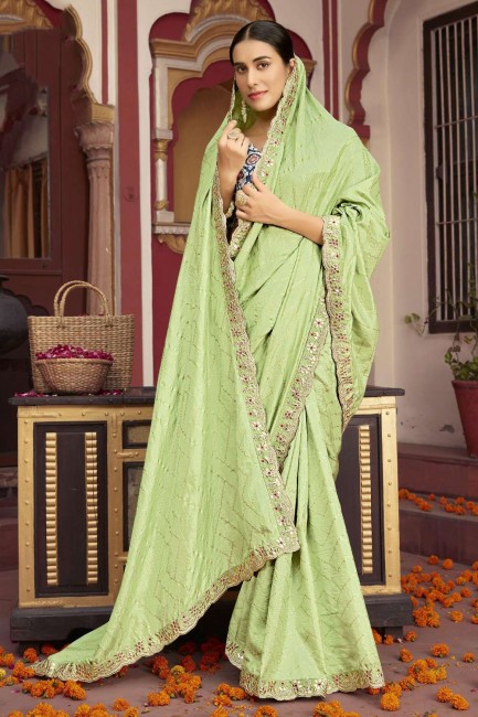 Silk Saree with Printed,lace border in Green