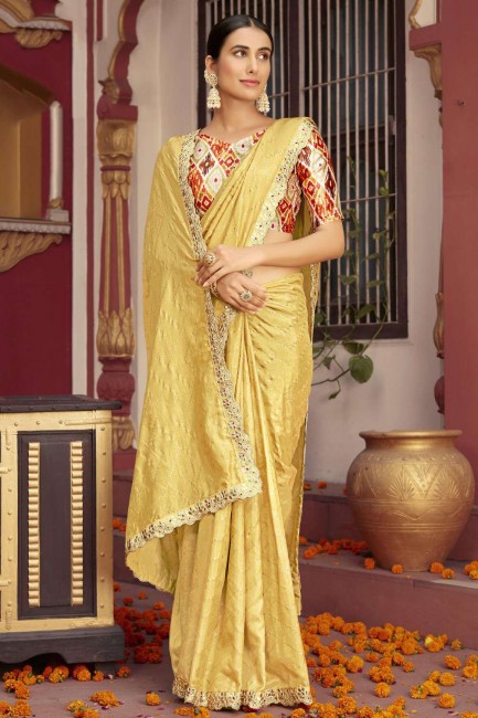 Printed,lace border Silk Saree in Yellow with Blouse