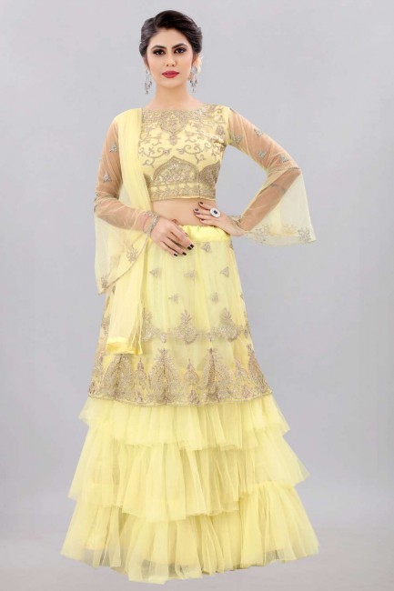 Yellow Net Party Lehenga Choli with Embroidered