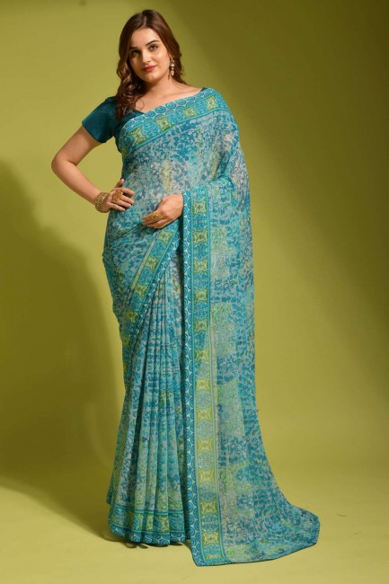Blue Saree in Georgette with Printed