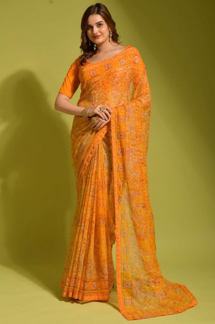Saree in Printed Yellow Georgette