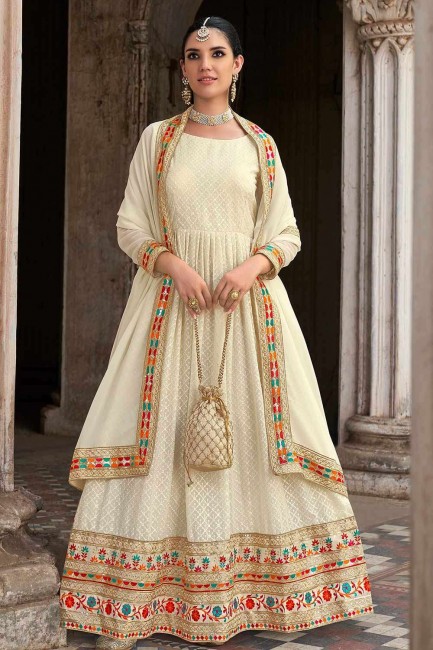 Embroidered Pakistani Suit in White Georgette