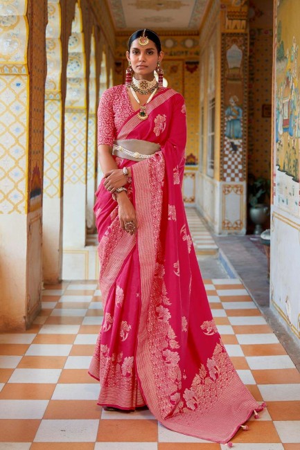 Pink Printed,weaving Silk Saree with Blouse