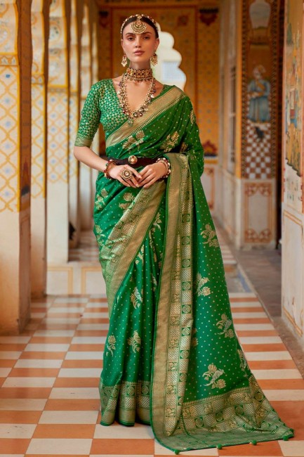 Silk Saree with Green Printed,weaving