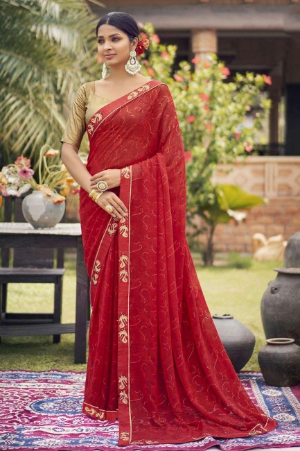Georgette Saree with Embroidered,printed,lace border in red