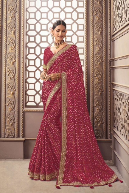 Mirror,embroidered,printed Silk Crimson red Saree with Blouse