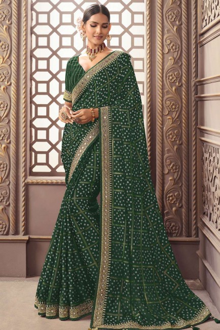 Green Mirror,embroidered,printed Silk Saree