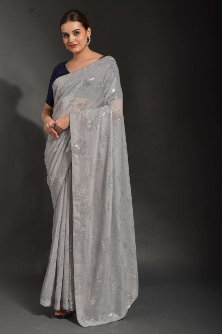 Grey Party Wear Saree with Embroidered Georgette