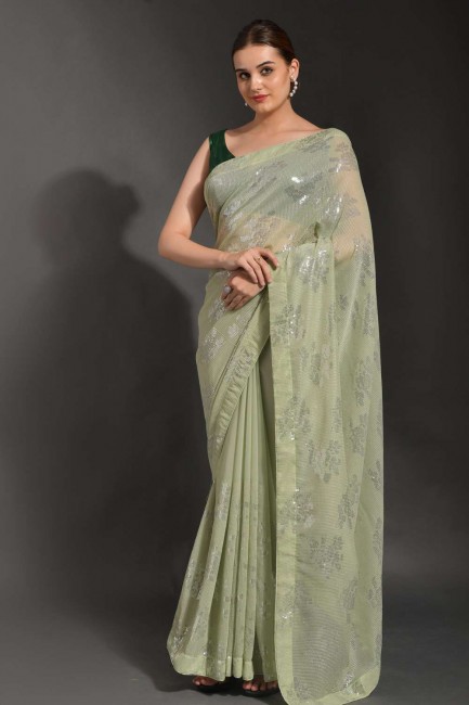 Georgette Pista  Party Wear Saree in Embroidered