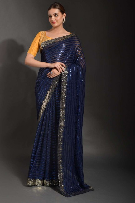 Blue Party Wear Saree in Embroidered Georgette