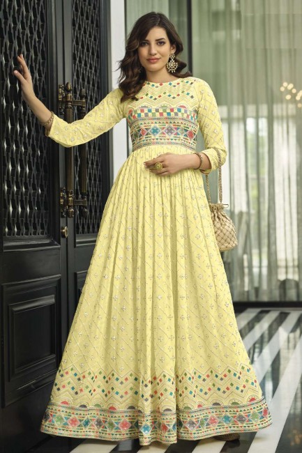 Yellow Anarkali Suit in Embroidered Faux georgette