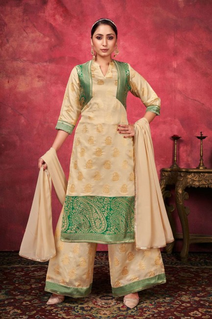 Weaving Art silk Pakistani Suit in Beige