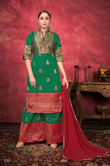 Weaving Pakistani Suit in Green Art silk