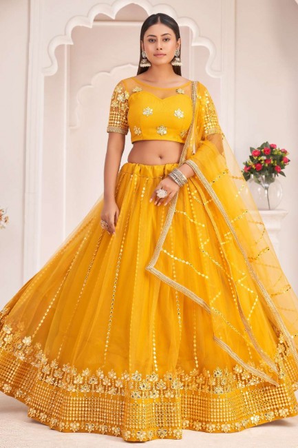 Mustard  Embroidered Party Lehenga Choli in Net