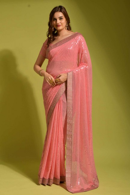Pink Embroidered Georgette Party Wear Saree