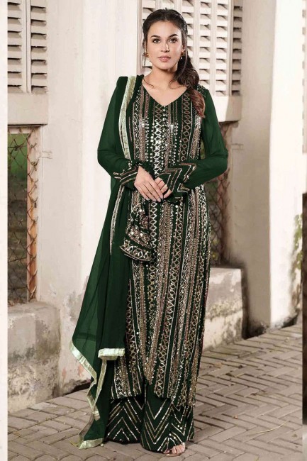 Green Pakistani Suit in Faux georgette with Embroidered