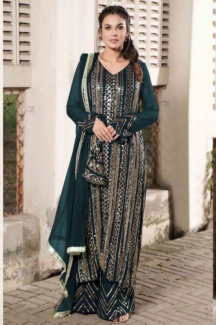 Faux georgette Pakistani Suit with Embroidered in Teal blue