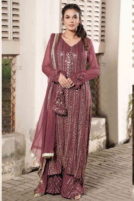 Embroidered Pakistani Suit in Brown Faux georgette