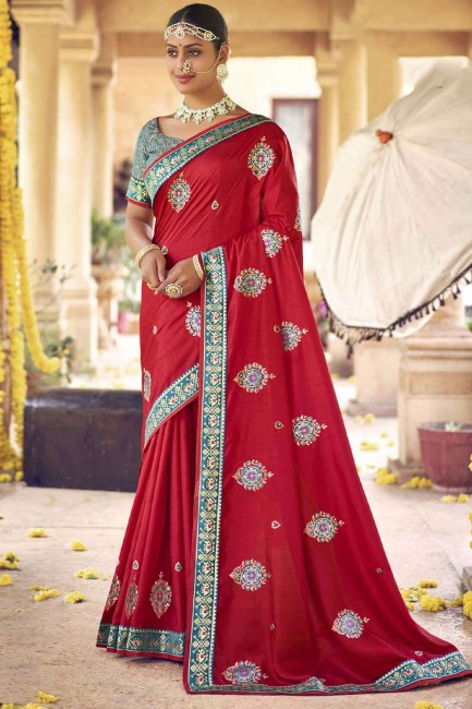 Red Stone,embroidered Silk Saree