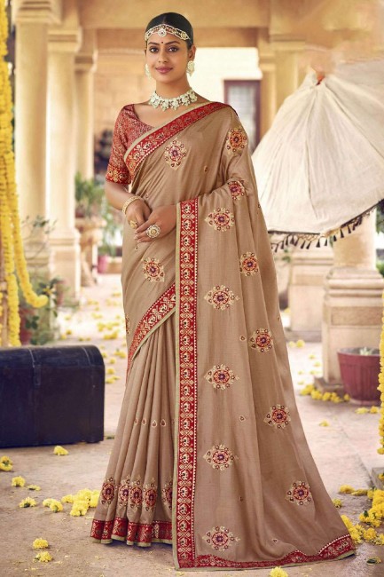 Stone,embroidered Silk Saree in Beige with Blouse
